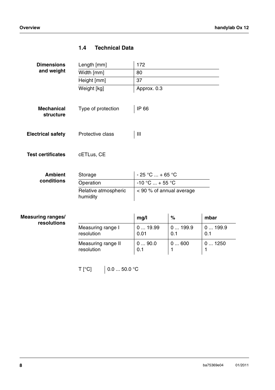 4 technical data, Technical data | Xylem handylab OX 12 User Manual | Page 8 / 60