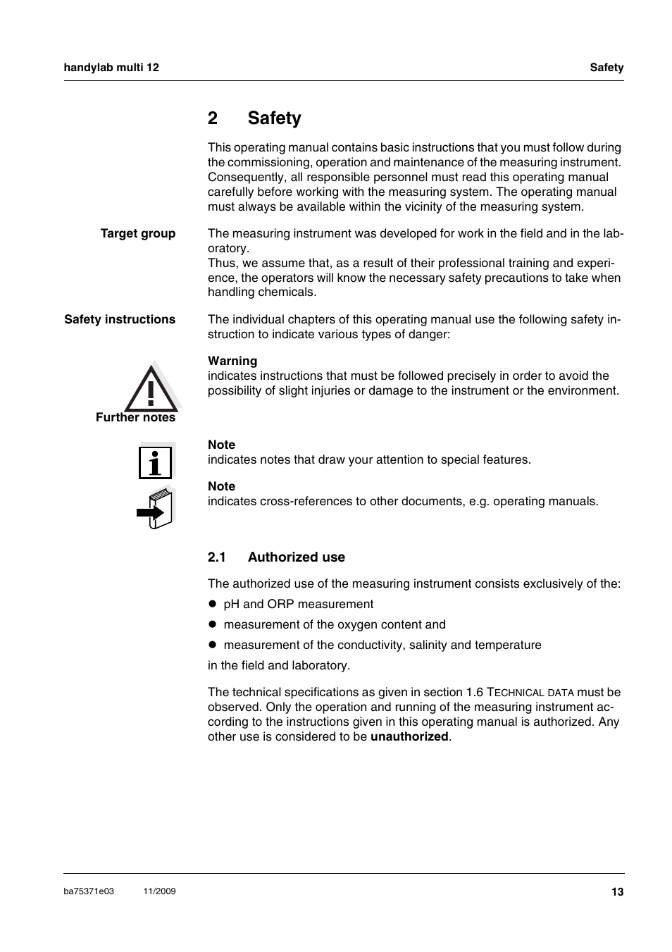 2 safety, 1 authorized use, Safety | Authorized use, 2safety | Xylem handylab multi 12 User Manual | Page 13 / 82