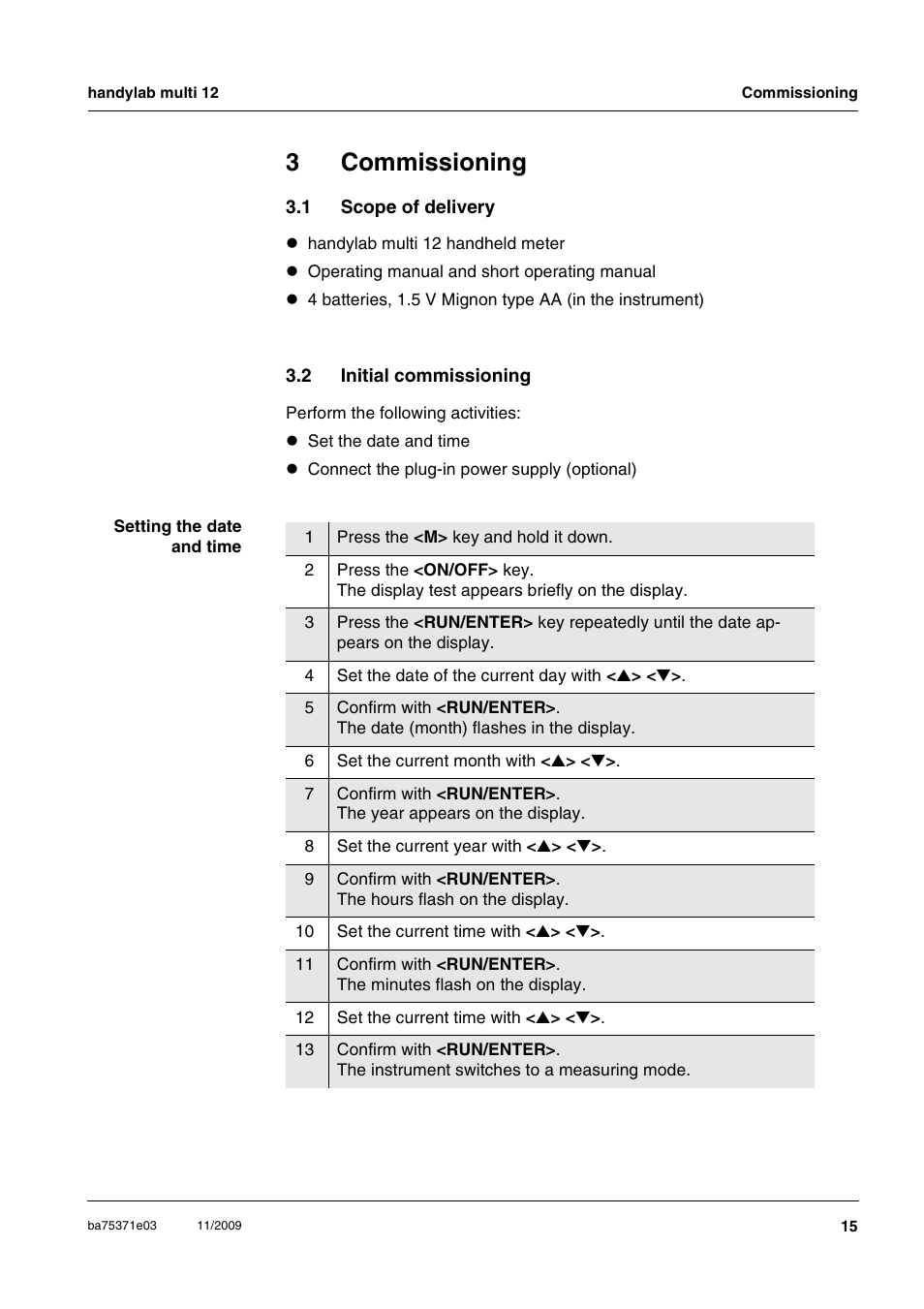 3 commissioning, 1 scope of delivery, 2 initial commissioning | Commissioning, Scope of delivery, Initial commissioning, 3commissioning | Xylem handylab multi 12 User Manual | Page 15 / 82