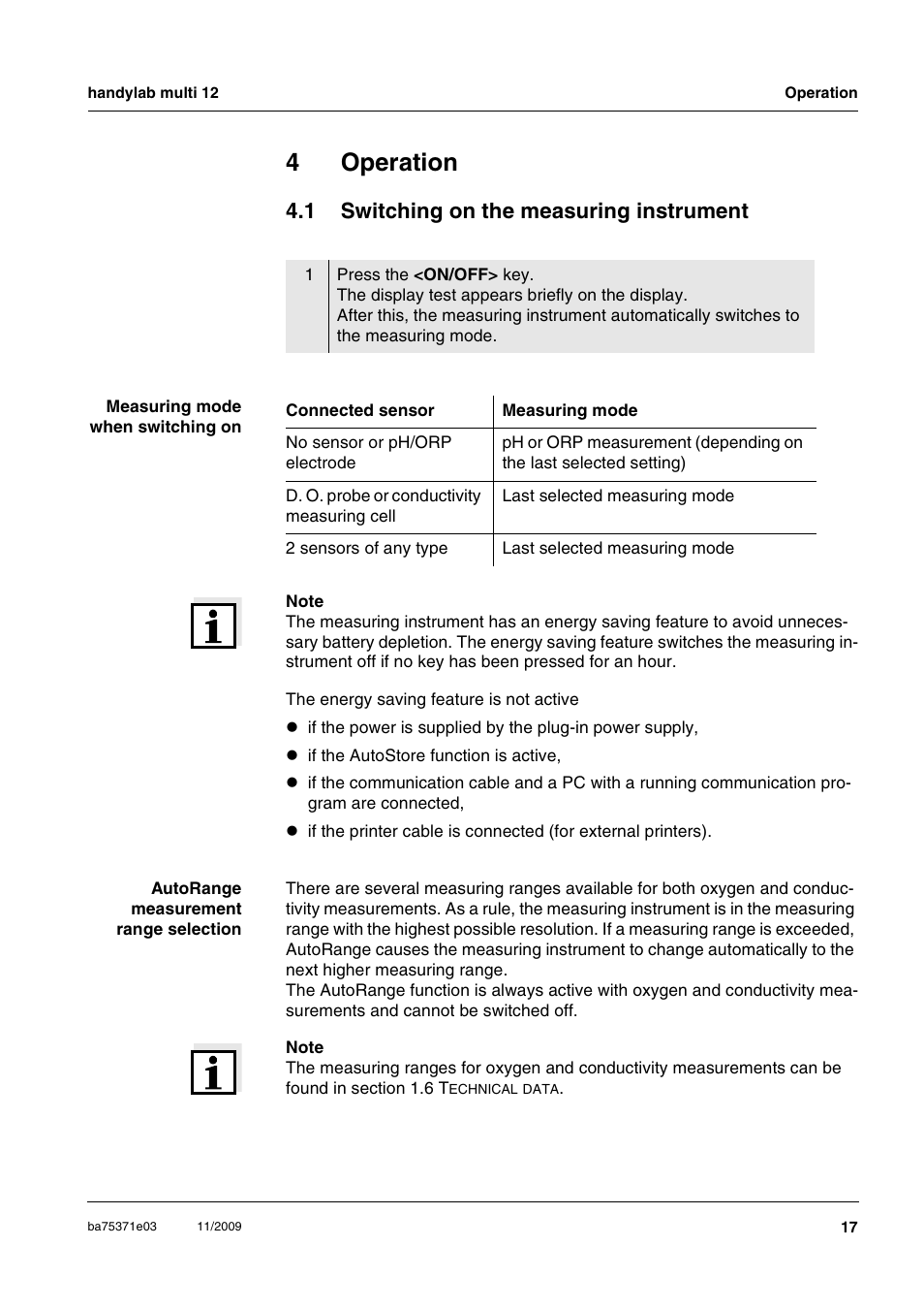 4 operation, 1 switching on the measuring instrument, Operation | Switching on the measuring instrument, 4operation | Xylem handylab multi 12 User Manual | Page 17 / 82