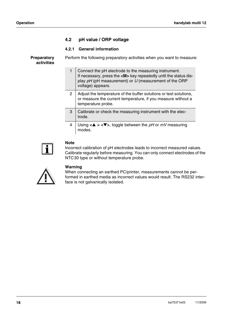 2 ph value / orp voltage, 1 general information, Ph value / orp voltage 4.2.1 | General information | Xylem handylab multi 12 User Manual | Page 18 / 82