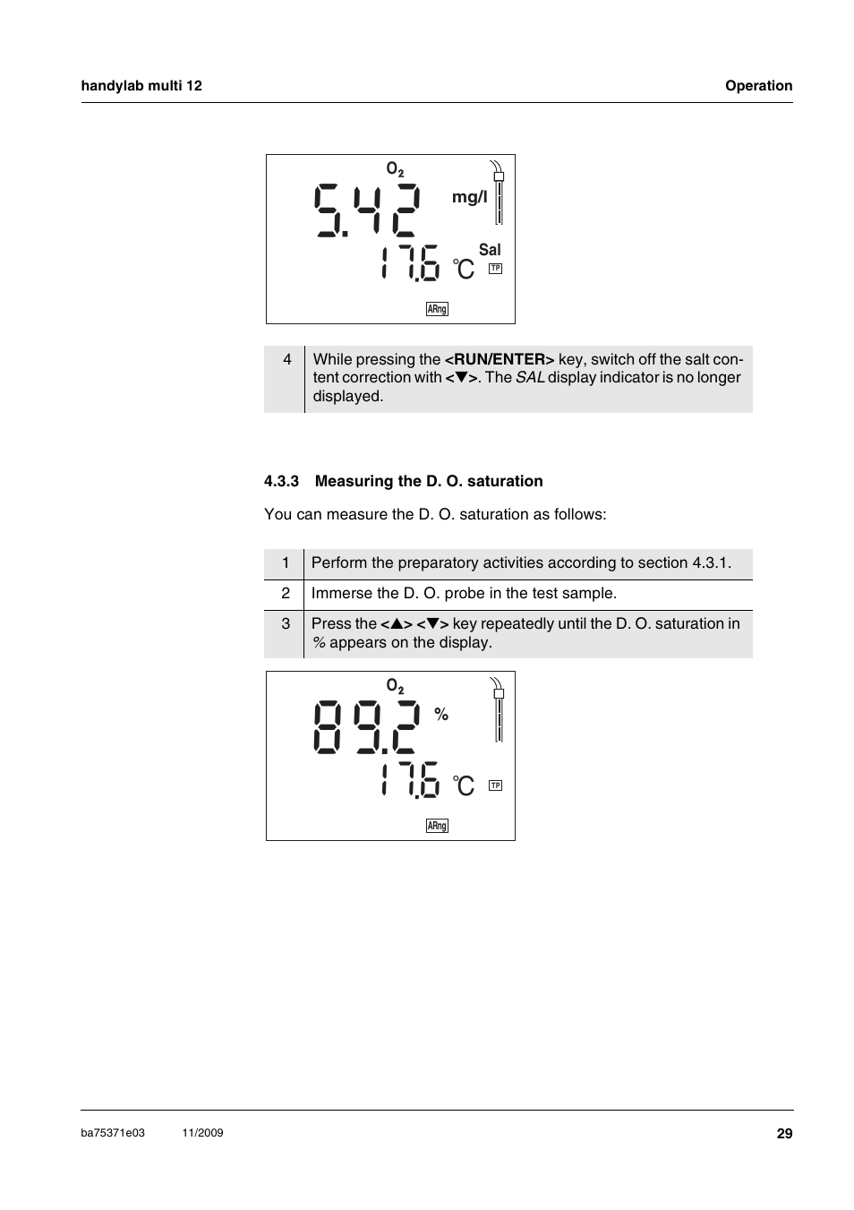 3 measuring the d. o. saturation, Measuring the d. o. saturation | Xylem handylab multi 12 User Manual | Page 29 / 82