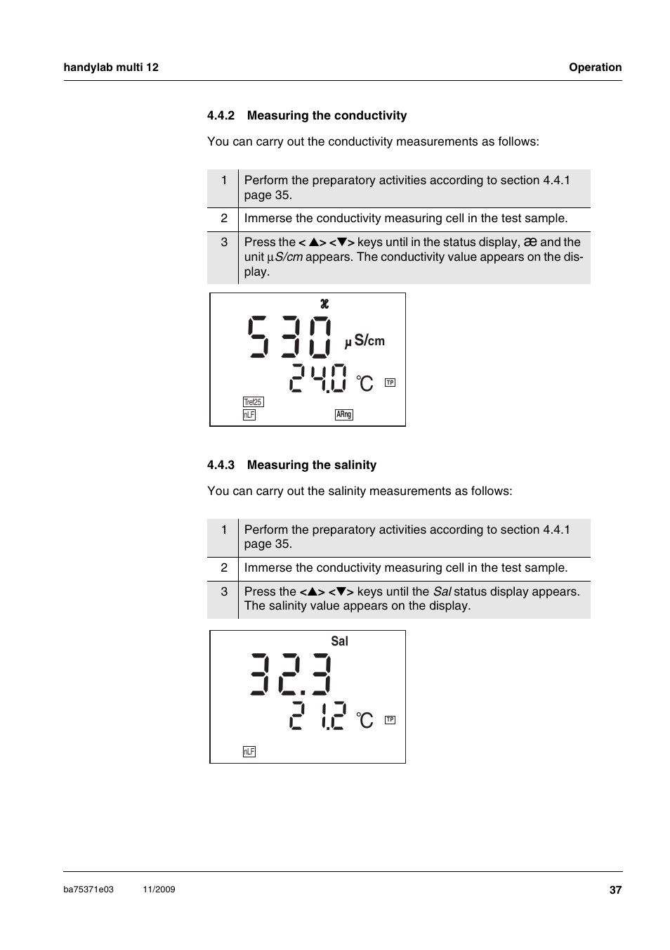 2 measuring the conductivity, 3 measuring the salinity, Measuring the conductivity | Measuring the salinity, Section 4.4.3 m, Easuring, Salinity | Xylem handylab multi 12 User Manual | Page 37 / 82