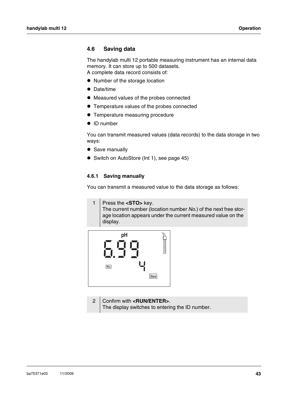 6 saving data, 1 saving manually, Saving data 4.6.1 | Saving manually | Xylem handylab multi 12 User Manual | Page 43 / 82