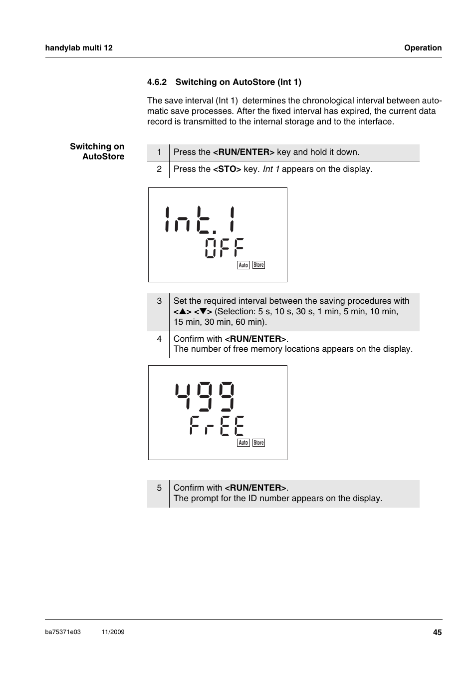 2 switching on autostore (int 1), Switching on autostore (int 1), T 1 n 1 | Xylem handylab multi 12 User Manual | Page 45 / 82