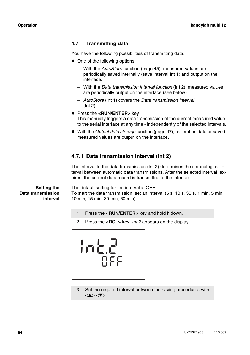 7 transmitting data, 1 data transmission interval (int 2), Transmitting data 4.7.1 | Data transmission interval (int 2), T 2 n 1 | Xylem handylab multi 12 User Manual | Page 54 / 82