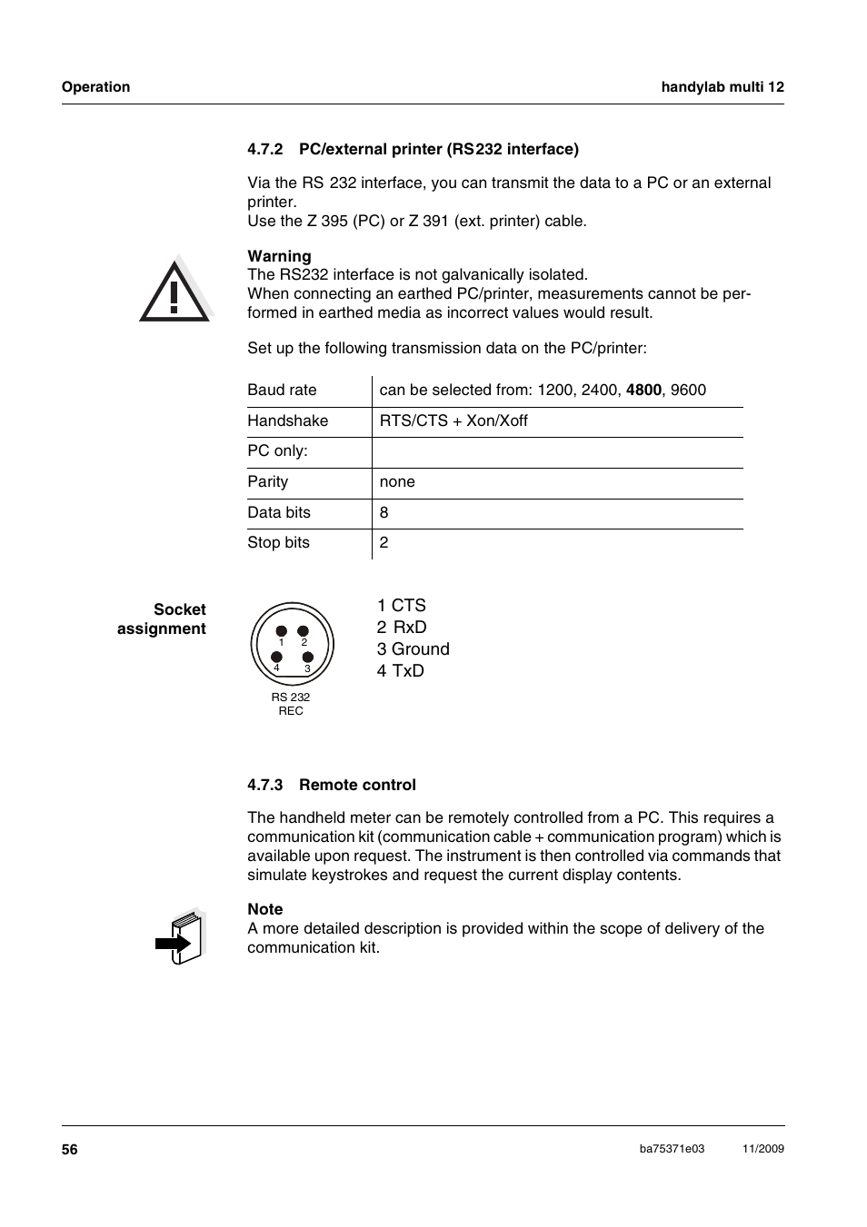 2 pc/external printer (rs 232 interface), 3 remote control, Pc/external printer (rs232 interface) | Remote control, Section 4.7.2 bef | Xylem handylab multi 12 User Manual | Page 56 / 82