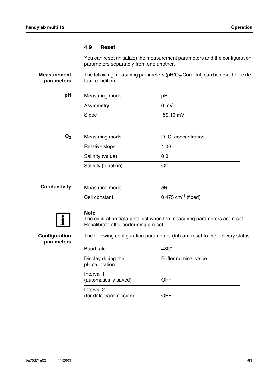 9 reset, Reset, Ee section 4.9 r | Eset | Xylem handylab multi 12 User Manual | Page 61 / 82