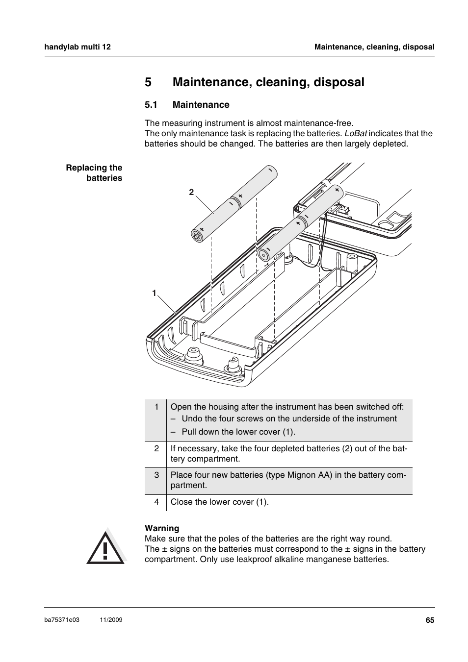 5 maintenance, cleaning, disposal, 1 maintenance, Maintenance, cleaning, disposal | Maintenance, 5maintenance, cleaning, disposal | Xylem handylab multi 12 User Manual | Page 65 / 82