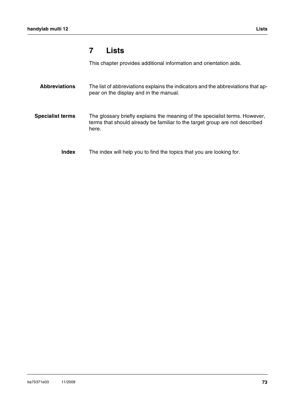 7 lists, Lists, 7lists | Xylem handylab multi 12 User Manual | Page 73 / 82