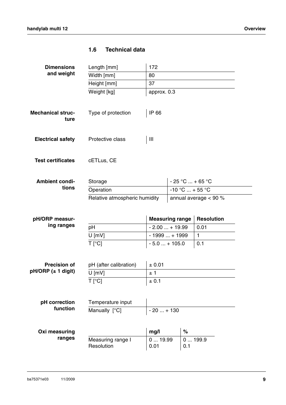 6 technical data, Technical data | Xylem handylab multi 12 User Manual | Page 9 / 82
