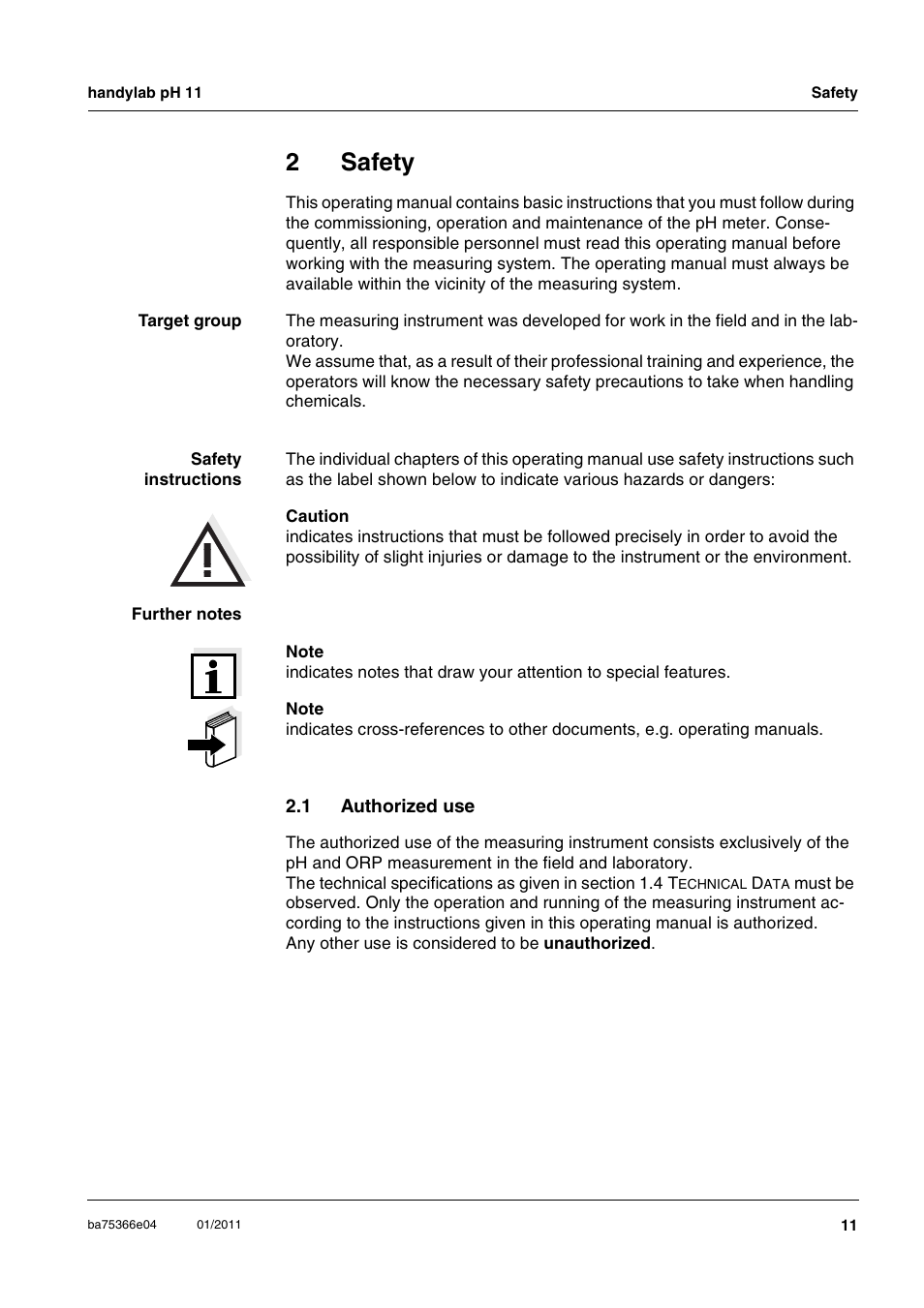 2 safety, 1 authorized use, Safety | Authorized use, 2safety | Xylem handylab pH 11 User Manual | Page 11 / 48