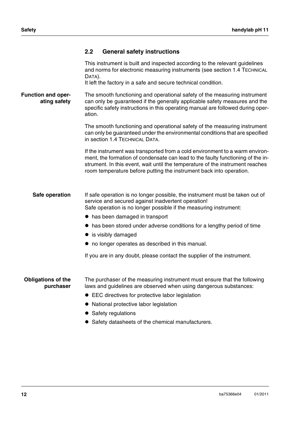 2 general safety instructions, General safety instructions | Xylem handylab pH 11 User Manual | Page 12 / 48
