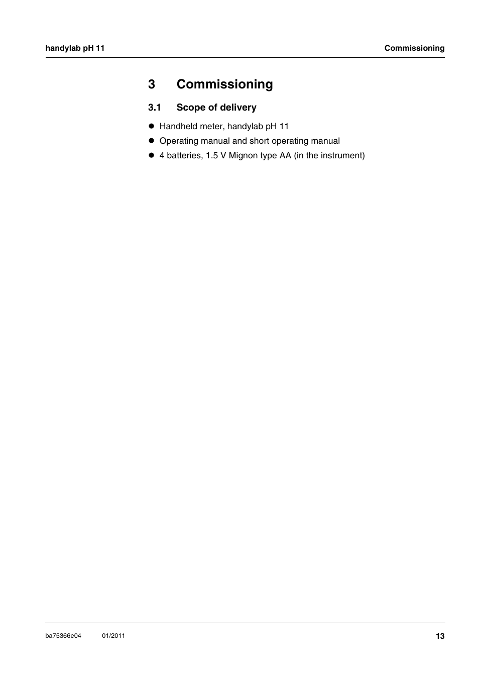 3 commissioning, 1 scope of delivery, Commissioning | Scope of delivery, 3commissioning | Xylem handylab pH 11 User Manual | Page 13 / 48