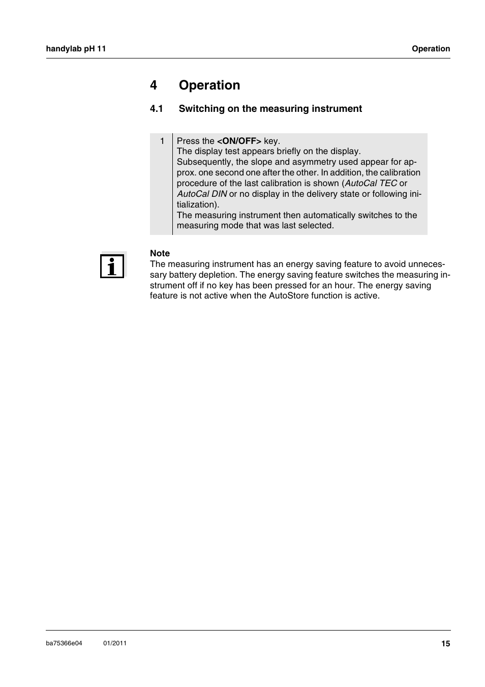 4 operation, 1 switching on the measuring instrument, Operation | Switching on the measuring instrument, 4operation | Xylem handylab pH 11 User Manual | Page 15 / 48
