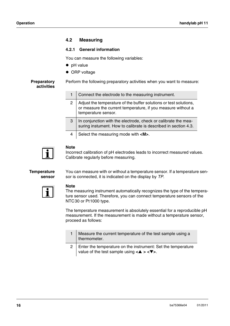 2 measuring, 1 general information, Measuring 4.2.1 | General information | Xylem handylab pH 11 User Manual | Page 16 / 48