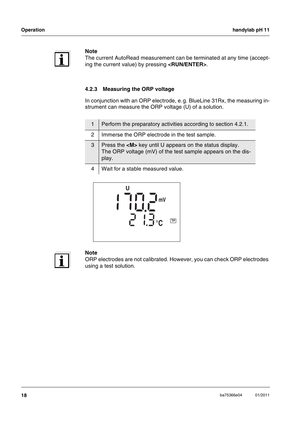 3 measuring the orp voltage, Measuring the orp voltage | Xylem handylab pH 11 User Manual | Page 18 / 48