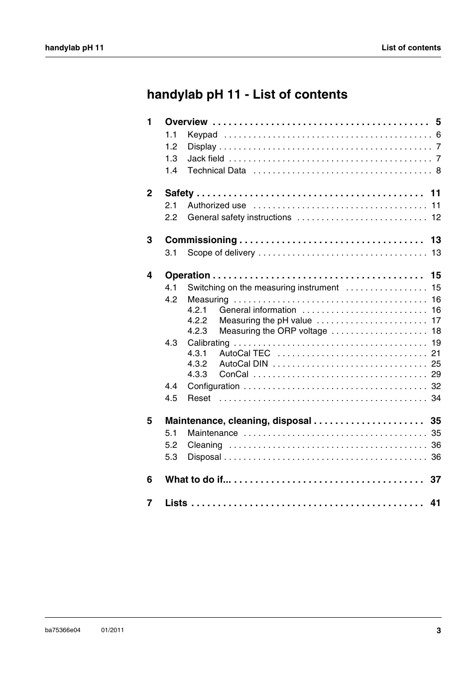 Handylab ph 11 - list of contents | Xylem handylab pH 11 User Manual | Page 3 / 48