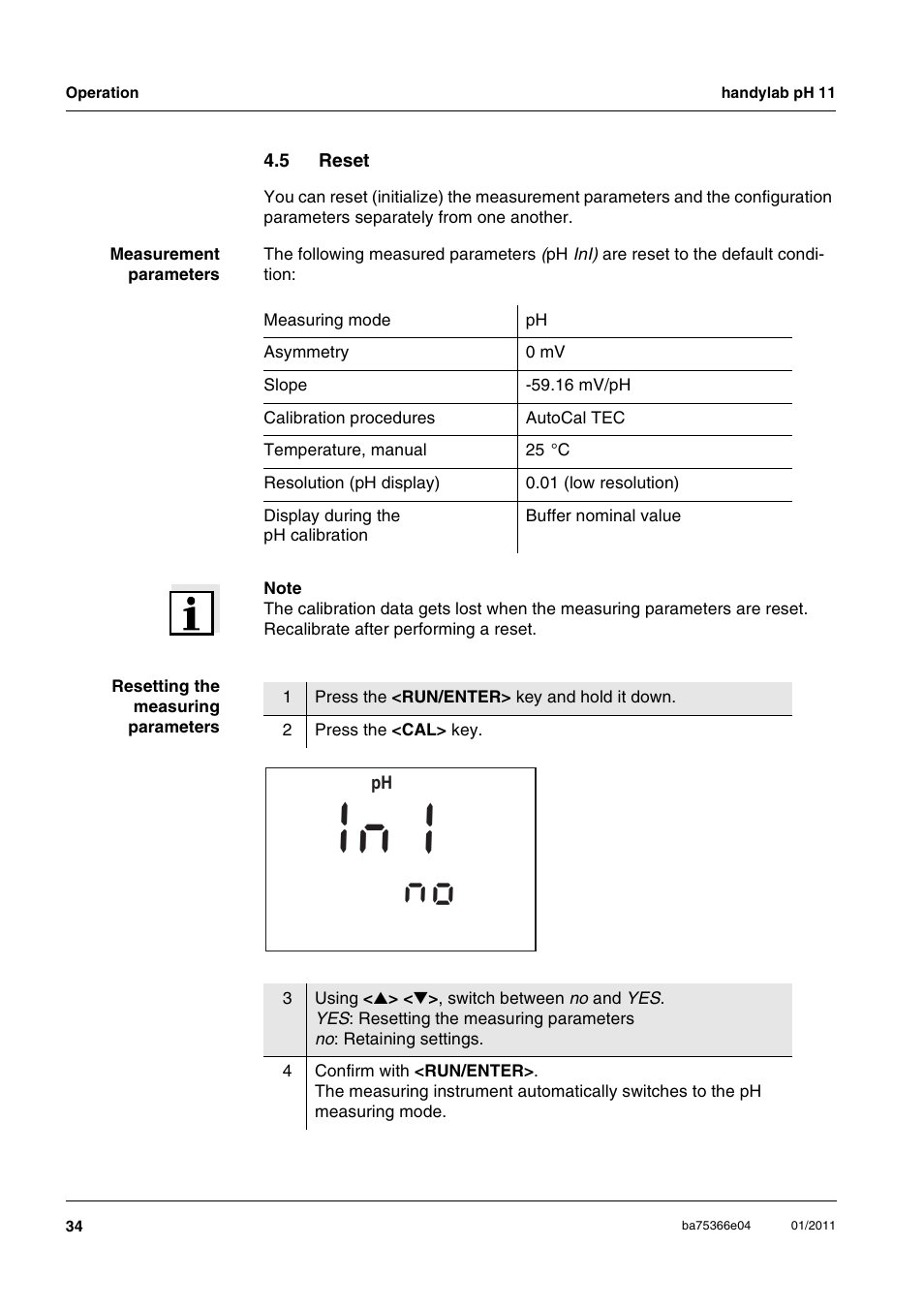 5 reset, Reset, N i i | Xylem handylab pH 11 User Manual | Page 34 / 48