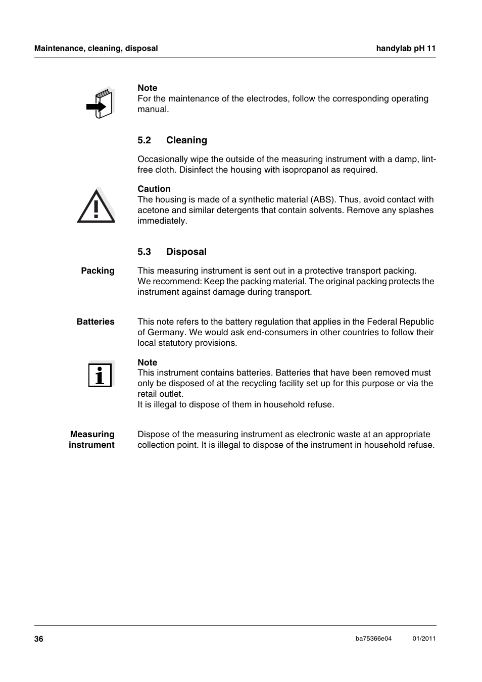 2 cleaning, 3 disposal, Cleaning | Disposal | Xylem handylab pH 11 User Manual | Page 36 / 48