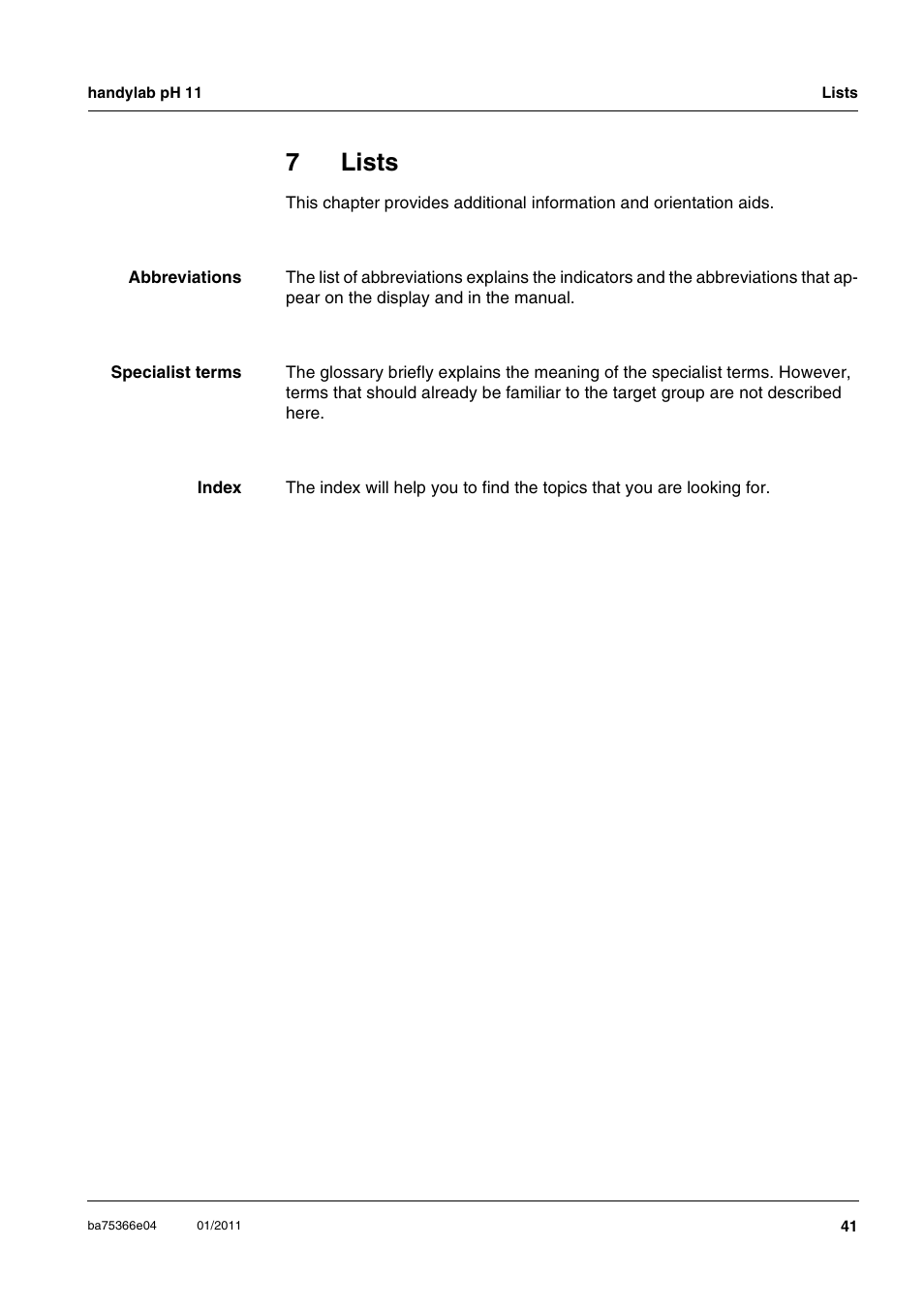 7 lists, Lists, 7lists | Xylem handylab pH 11 User Manual | Page 41 / 48