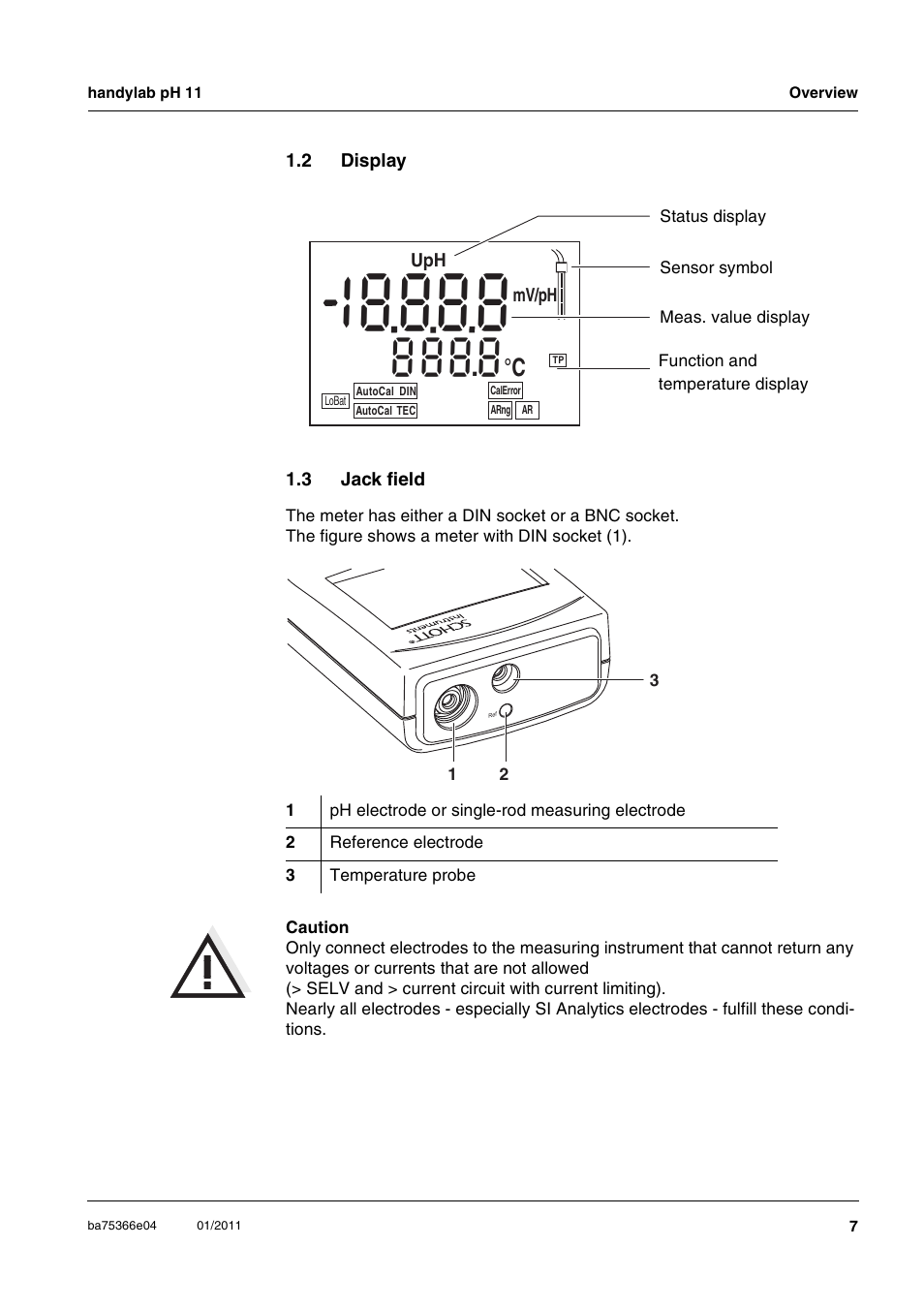 2 display, 3 jack field, Display | Jack field | Xylem handylab pH 11 User Manual | Page 7 / 48