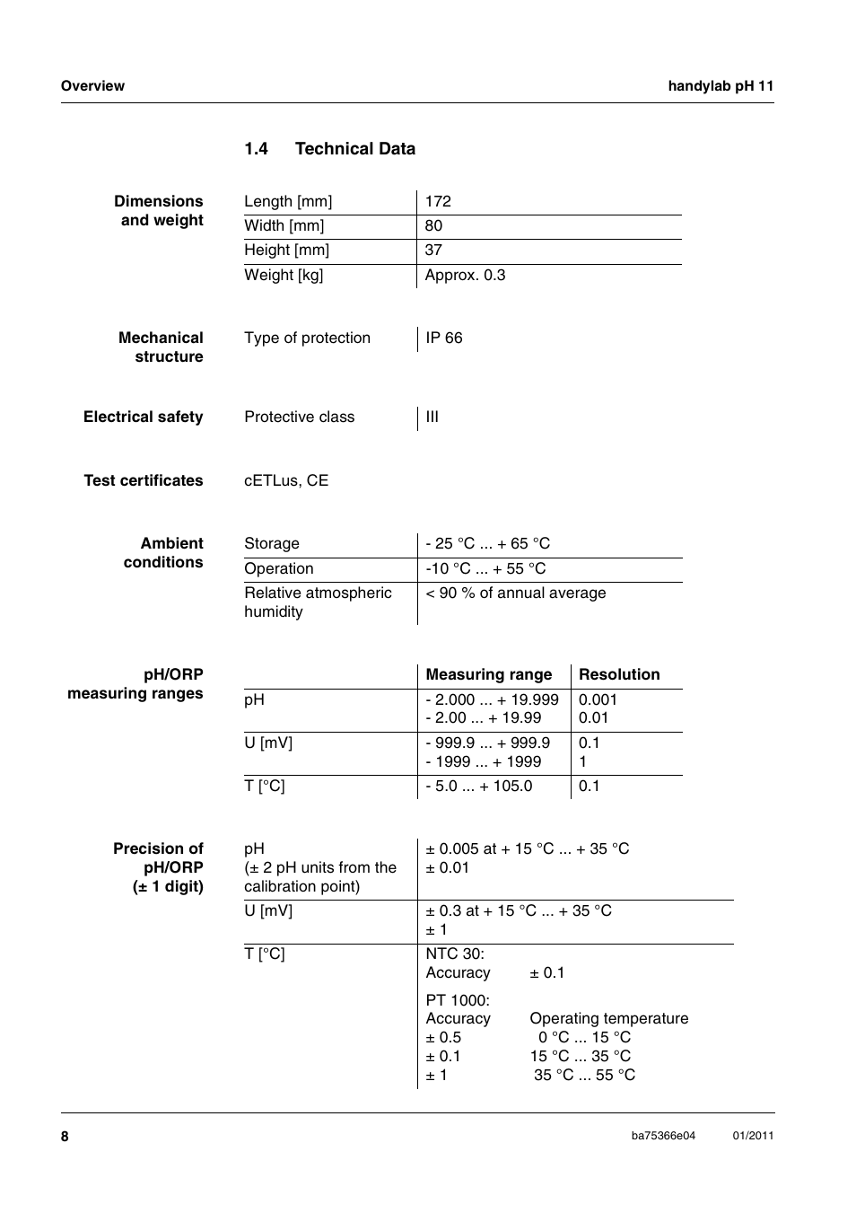 4 technical data, Technical data | Xylem handylab pH 11 User Manual | Page 8 / 48
