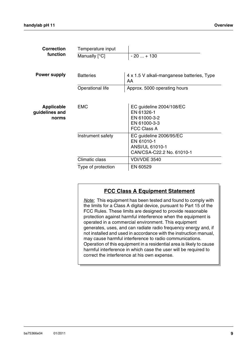 Fcc class a equipment statement | Xylem handylab pH 11 User Manual | Page 9 / 48