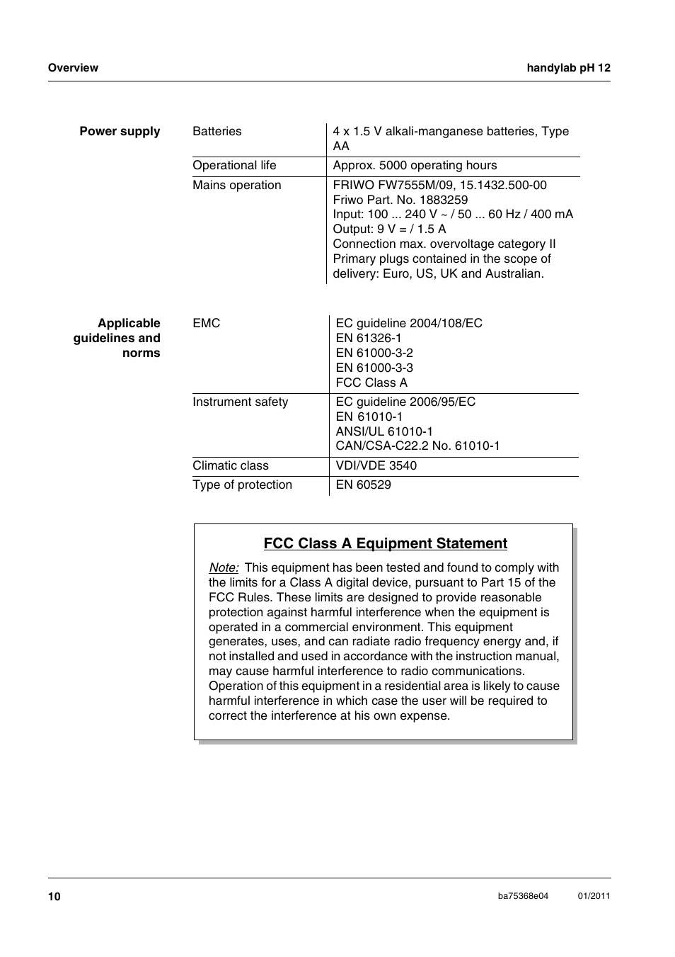Fcc class a equipment statement | Xylem handylab pH 12 User Manual | Page 10 / 68