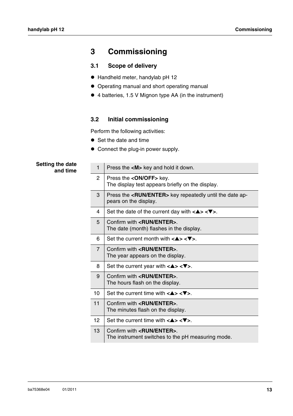 3 commissioning, 1 scope of delivery, 2 initial commissioning | Commissioning, Scope of delivery, Initial commissioning, 3commissioning | Xylem handylab pH 12 User Manual | Page 13 / 68