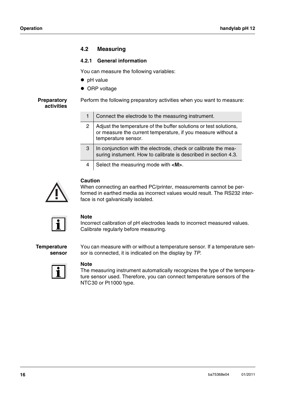 2 measuring, 1 general information, Measuring 4.2.1 | General information | Xylem handylab pH 12 User Manual | Page 16 / 68