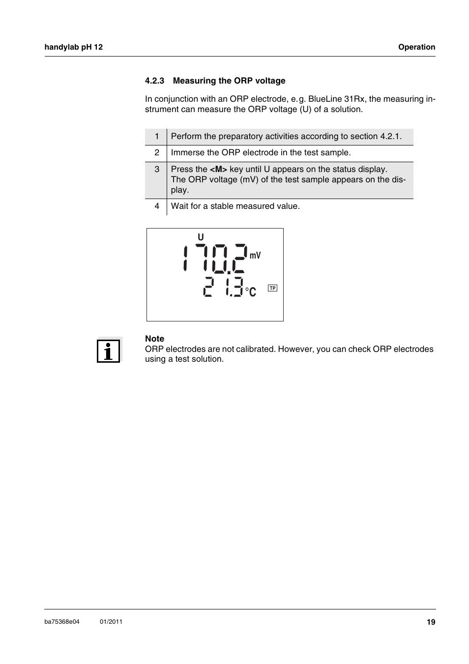 3 measuring the orp voltage, Measuring the orp voltage | Xylem handylab pH 12 User Manual | Page 19 / 68