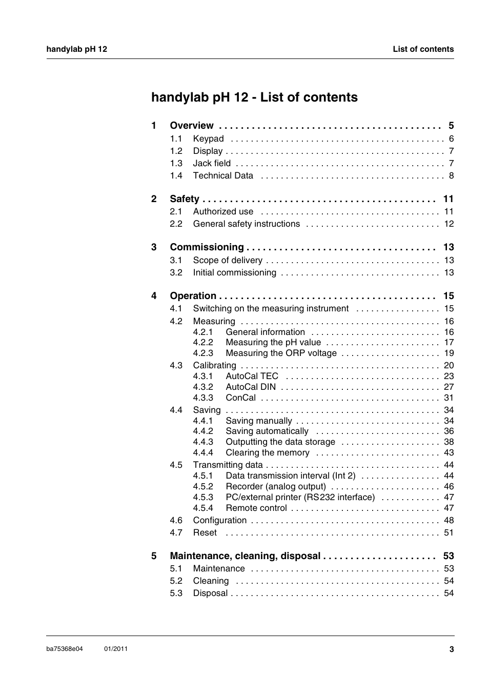 Handylab ph 12 - list of contents | Xylem handylab pH 12 User Manual | Page 3 / 68