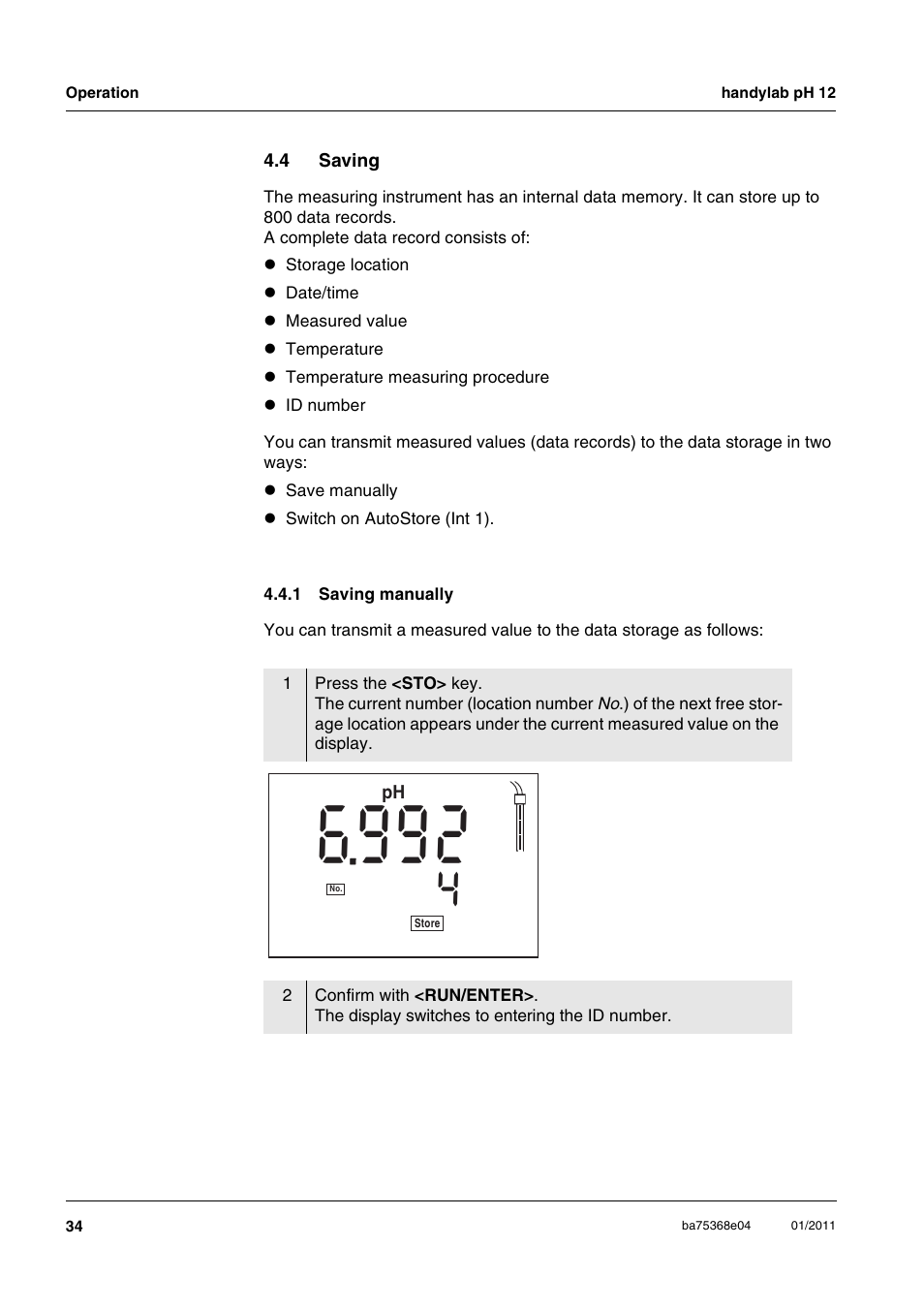 4 saving, 1 saving manually, Saving 4.4.1 | Saving manually | Xylem handylab pH 12 User Manual | Page 34 / 68