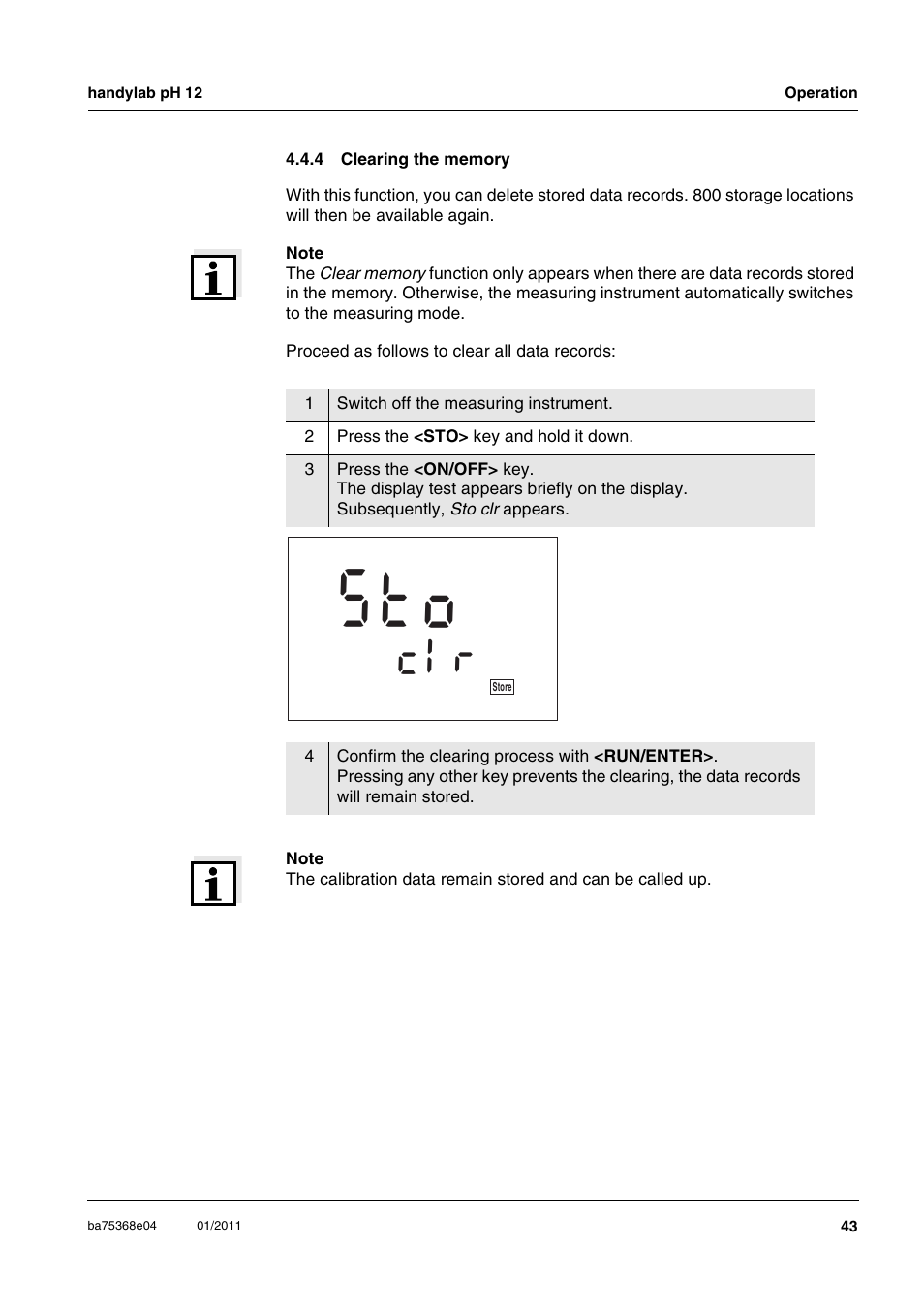 4 clearing the memory, Clearing the memory, S t o | Xylem handylab pH 12 User Manual | Page 43 / 68