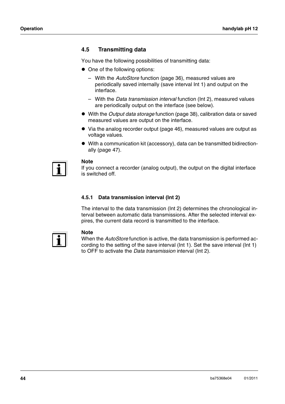 5 transmitting data, 1 data transmission interval (int 2), Transmitting data 4.5.1 | Data transmission interval (int 2) | Xylem handylab pH 12 User Manual | Page 44 / 68