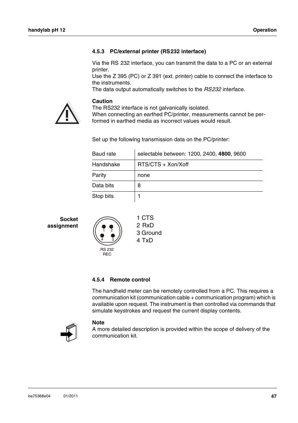 3 pc/external printer (rs 232 interface), 4 remote control, Pc/external printer (rs232 interface) | Remote control, 1 cts 2 rxd 3 ground 4 txd | Xylem handylab pH 12 User Manual | Page 47 / 68