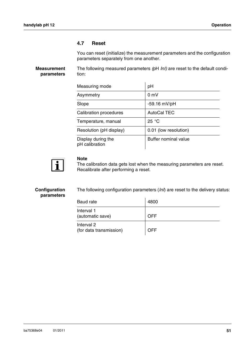 7 reset, Reset | Xylem handylab pH 12 User Manual | Page 51 / 68