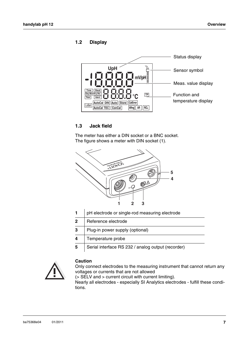 2 display, 3 jack field, Display | Jack field | Xylem handylab pH 12 User Manual | Page 7 / 68