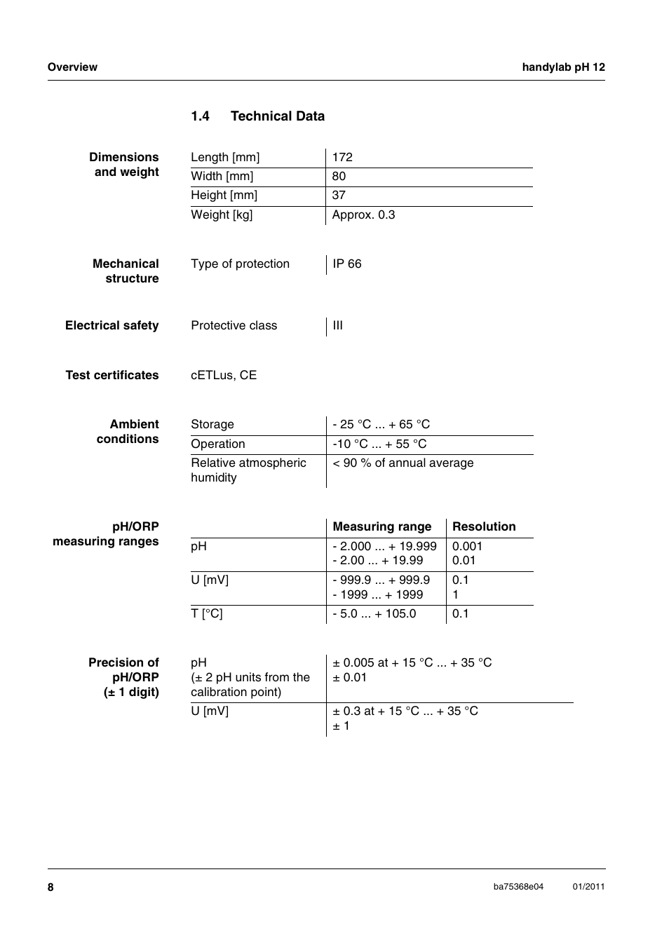 4 technical data, Technical data | Xylem handylab pH 12 User Manual | Page 8 / 68