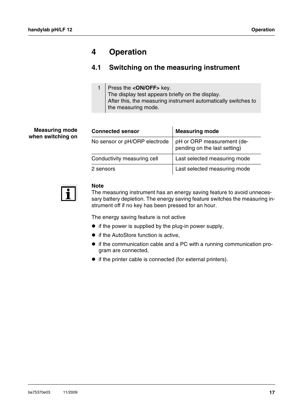 4 operation, 1 switching on the measuring instrument, Operation | Switching on the measuring instrument, 4operation | Xylem handylab pH LF 12 User Manual | Page 17 / 80