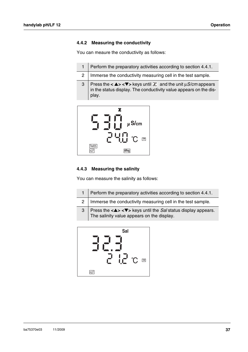 2 measuring the conductivity, 3 measuring the salinity, Measuring the conductivity | Measuring the salinity | Xylem handylab pH LF 12 User Manual | Page 37 / 80