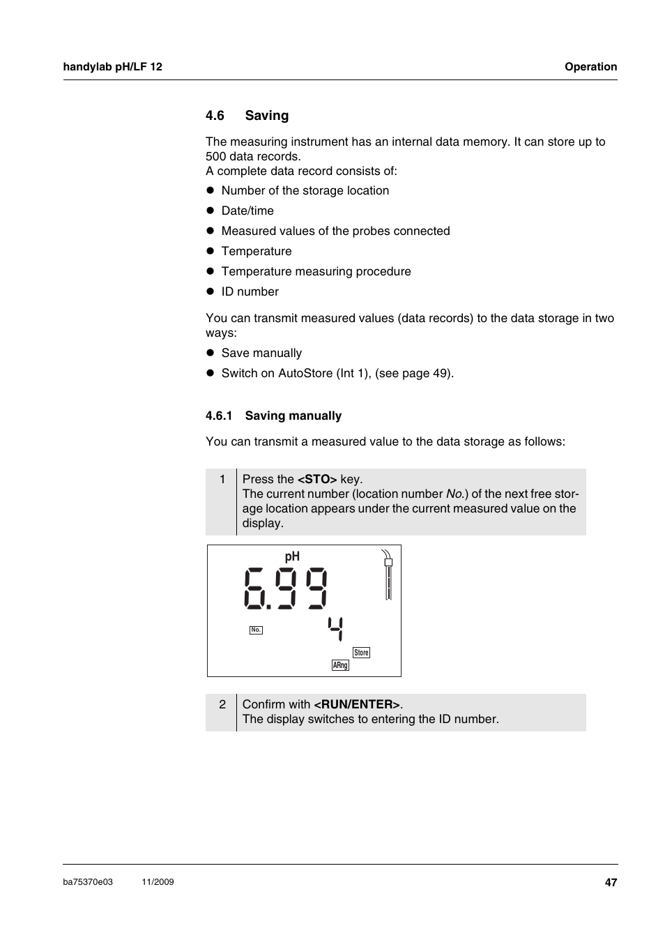 6 saving, 1 saving manually, Saving 4.6.1 | Saving manually | Xylem handylab pH LF 12 User Manual | Page 47 / 80