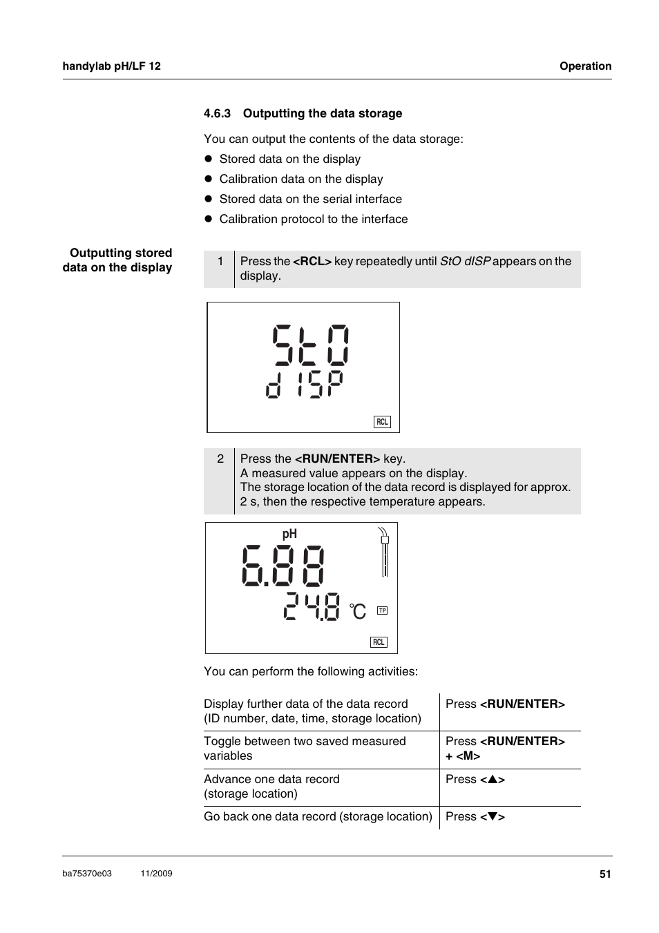 3 outputting the data storage, Outputting the data storage, Pi s | F °c | Xylem handylab pH LF 12 User Manual | Page 51 / 80