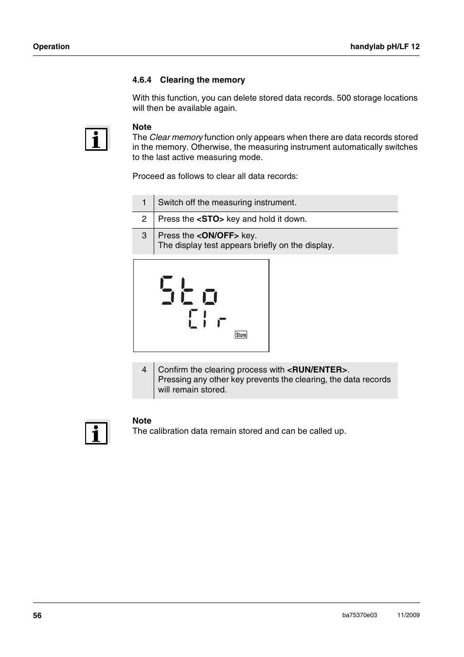 4 clearing the memory, Clearing the memory | Xylem handylab pH LF 12 User Manual | Page 56 / 80