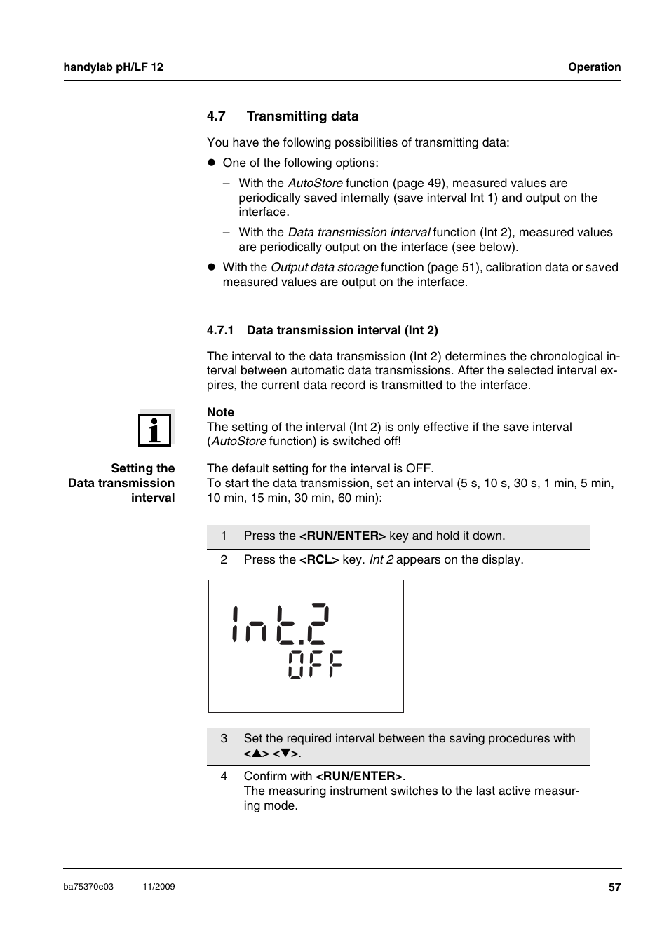 7 transmitting data, 1 data transmission interval (int 2), Transmitting data 4.7.1 | Data transmission interval (int 2), T 2 n 1 | Xylem handylab pH LF 12 User Manual | Page 57 / 80