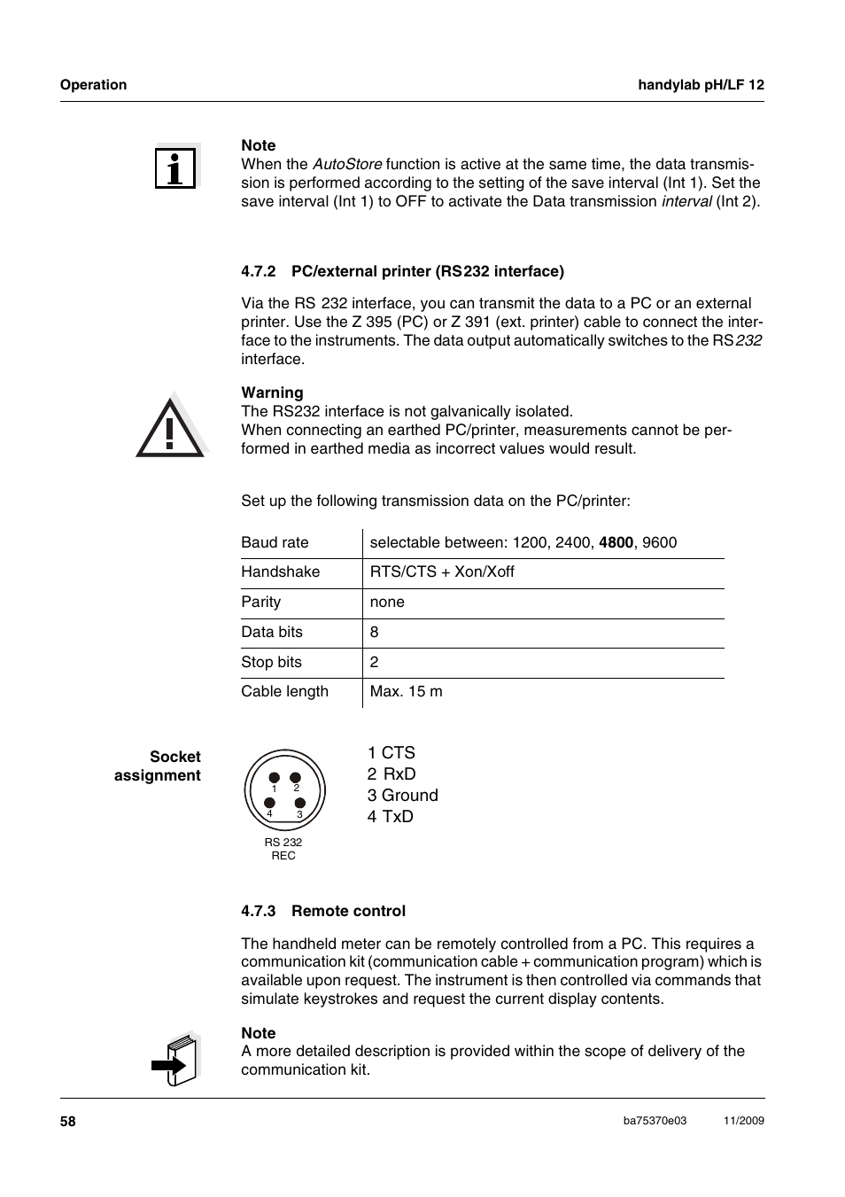 2 pc/external printer (rs 232 interface), 3 remote control, Pc/external printer (rs232 interface) | Remote control, Section 4.7.2 | Xylem handylab pH LF 12 User Manual | Page 58 / 80