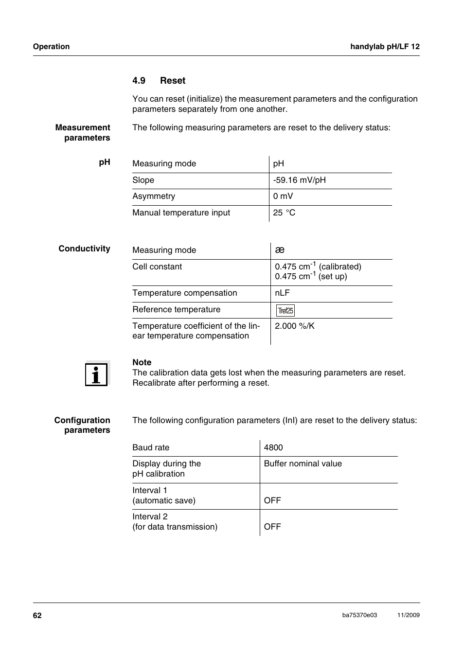 9 reset, Reset | Xylem handylab pH LF 12 User Manual | Page 62 / 80