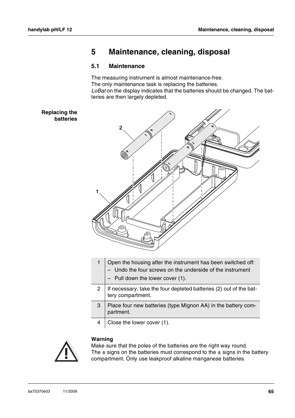 5 maintenance, cleaning, disposal, 1 maintenance, Maintenance, cleaning, disposal | Maintenance, 5maintenance, cleaning, disposal | Xylem handylab pH LF 12 User Manual | Page 65 / 80