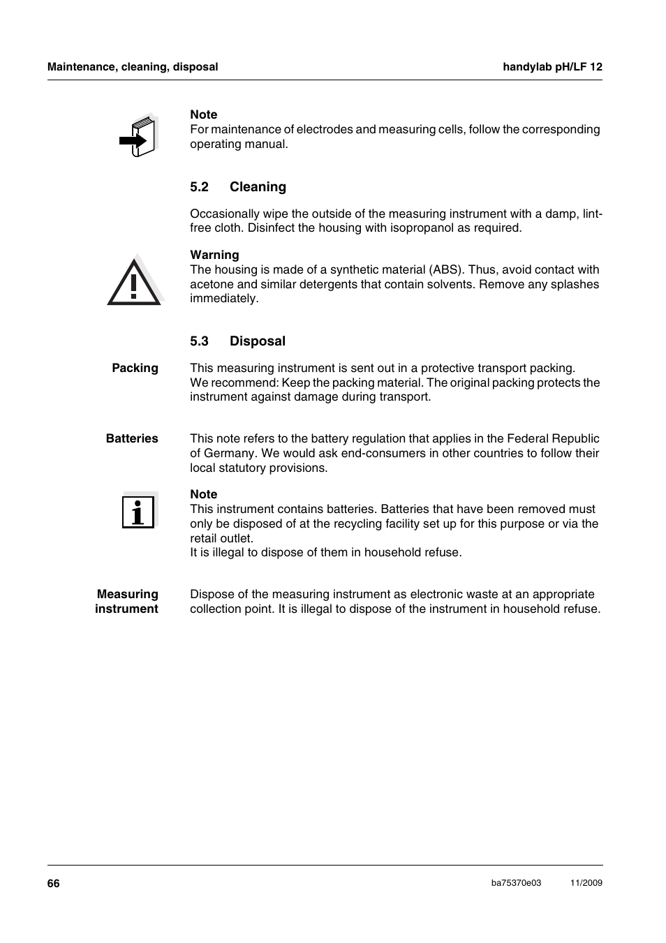 2 cleaning, 3 disposal, Cleaning | Disposal | Xylem handylab pH LF 12 User Manual | Page 66 / 80